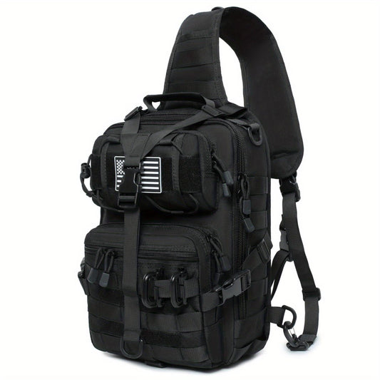 Versatile Black Tactical Shoulder Bag with Silicone Flag & 2 D-Ring Attachments - Durable Nylon, Multiple Pockets, Ideal for Outdoor Activities, Hunting, Fishing, Backpacks