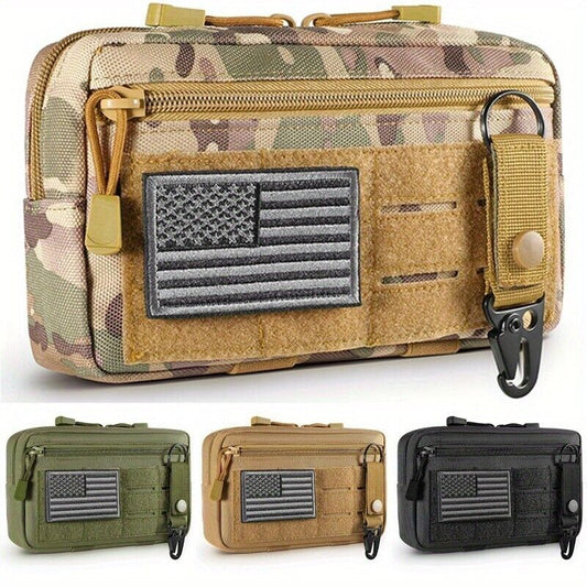 Tactical MOLLE EDC Horizontal Tool Bag - Modular Admin Organizer with Detachable USA Flag Patch & Keychain | Military-Grade Durable Nylon Construction | Customizable Pouch System for Outdoor/Gear Storage