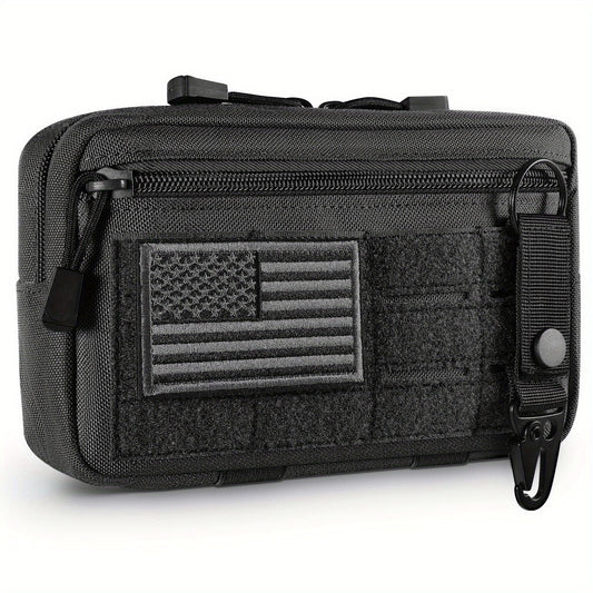 Tactical MOLLE EDC Horizontal Tool Bag - Modular Admin Organizer with Detachable USA Flag Patch & Keychain | Military-Grade Durable Nylon Construction | Customizable Pouch System for Outdoor/Gear Storage
