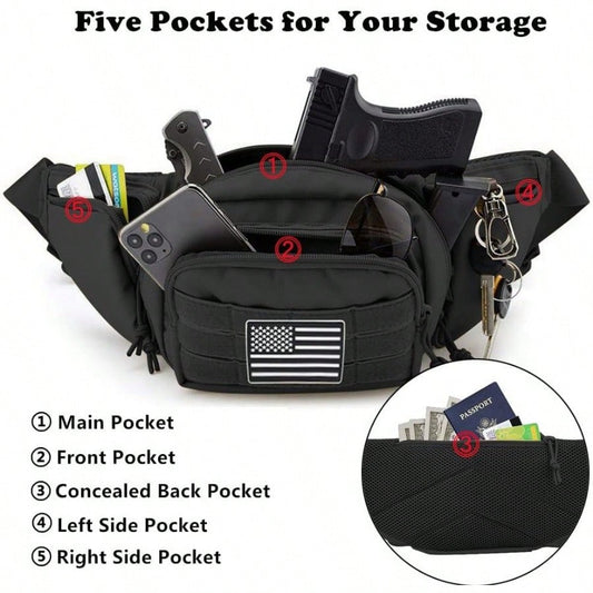 Tactical Fanny Pack Gun Holster Concealed Carry Pistol Military Tactical Waist Bag Waterproof Molle EDC Pouch with USA Flag Patch