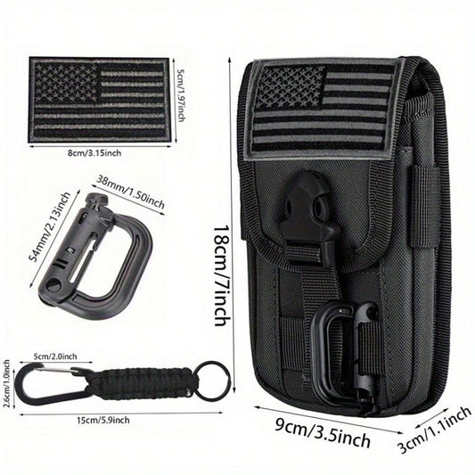 Molle Phone Pouch, Smartphone Waist Belt Holster Buckle Closure Utility Card Holder with Flag Patch Keyring and 1 D-Ring for 4.7"-6.9" Cell Phone