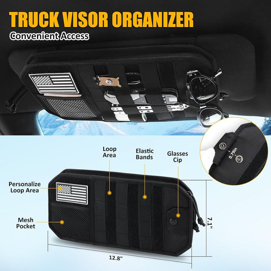 Tactical Car Sun Visor Organizer with Molle Panel Zipper Pouch & Glasses Clip Universal Fit for Trucks SUVs Jeeps Patrol Vehicles Semi-Rigid Storage