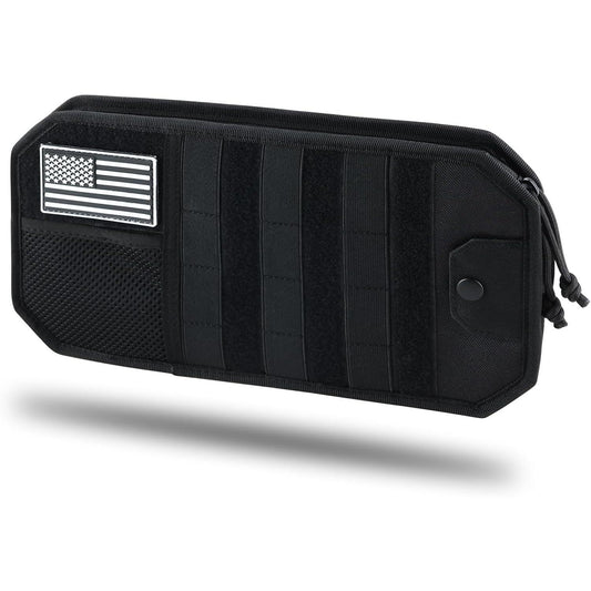 Tactical Car Sun Visor Organizer with Molle Panel Zipper Pouch & Glasses Clip Universal Fit for Trucks SUVs Jeeps Patrol Vehicles Semi-Rigid Storage