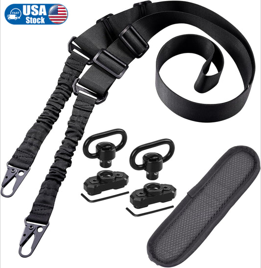 【LUCIERNAGA】Two Point Traditional QD Sling Kit | Extra Long Adjustable Rifle 2 Point Sling + 2 Pack 360° Rotation Black 1.25" QD Sling Swivel Mounts for Mlock + Shoulder Pad